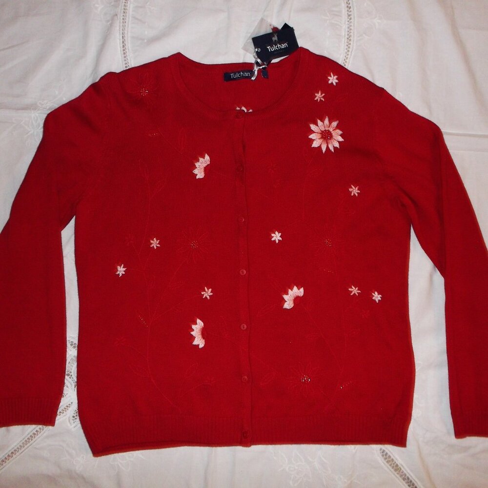 Tulchan Hand Embroidered Womens Red Cardigan Sweater "Dizzy Daisy" - Sz XL - NEW